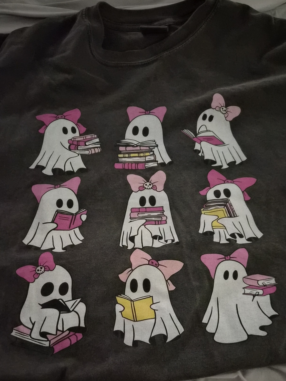 Pink Bow Reading Ghosts Graphic Tee - Black